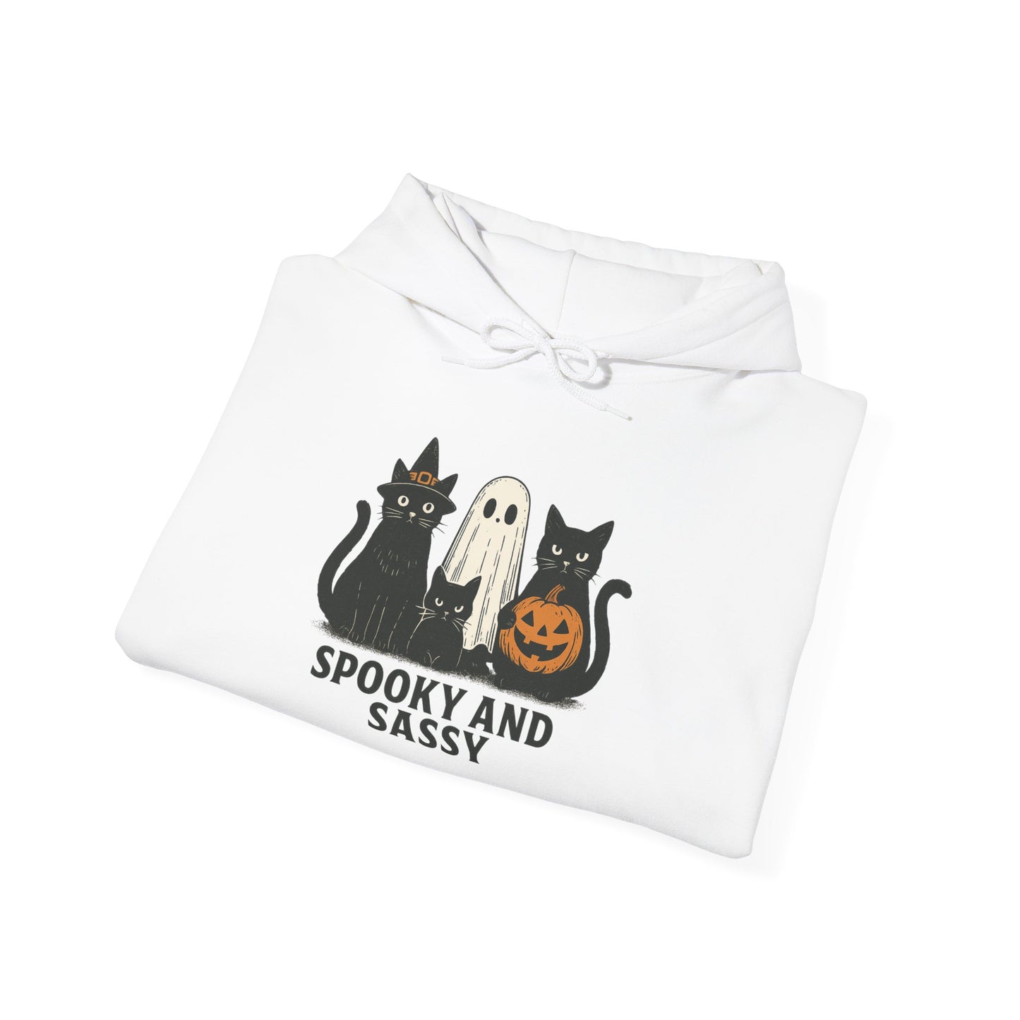 Spooky and Sassy Hoodie, Halloween Hoodie, Unisex Fall Apparel, Cozy Cat Ghost Wear, Perfect for Fall Festivities