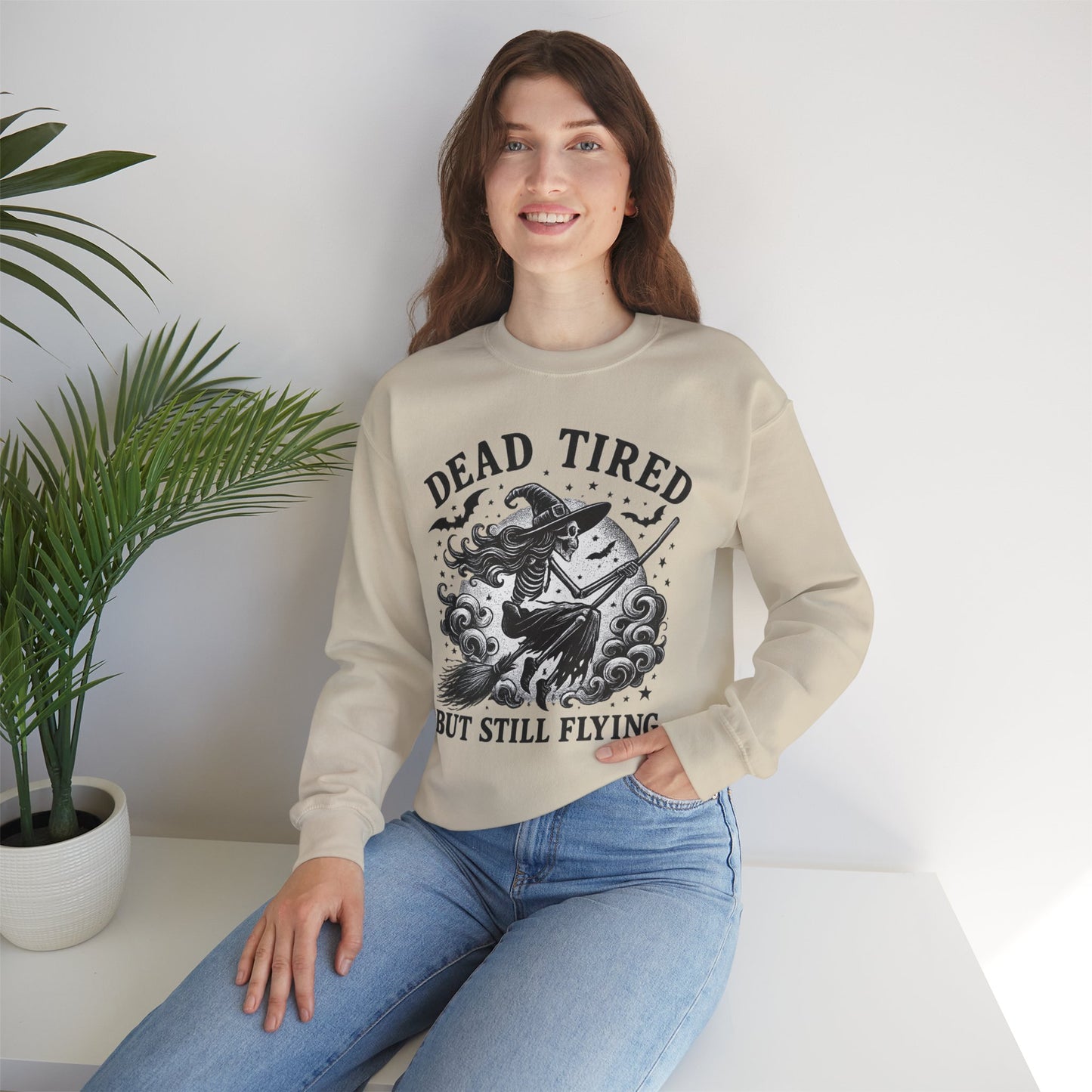 Dead Tired But Still Flying Sweatshirt | Unisex Crewneck | Cozy Halloween Apparel, Witchy Gift, Fall Fashion, Spooky Season