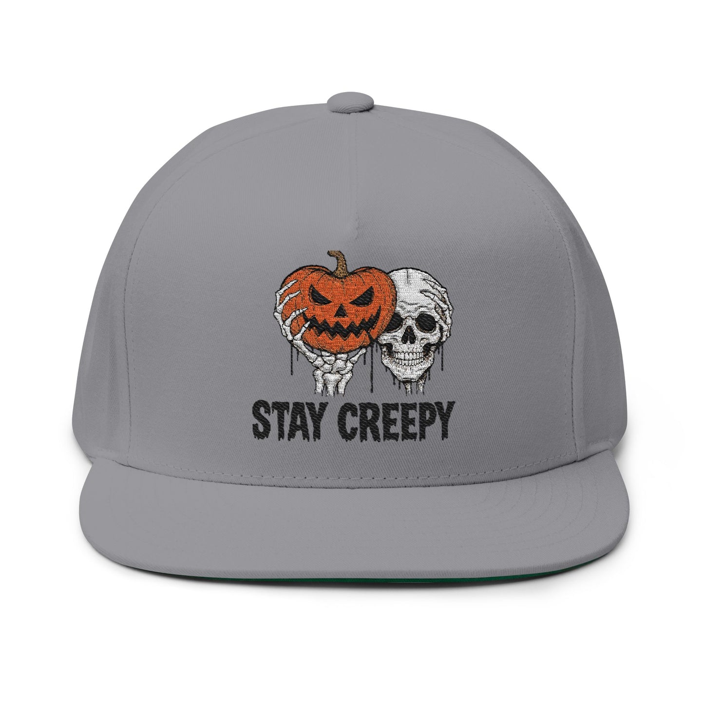 Stay Creepy Halloween Flat Bill Cap, Pumpkin Skull Hat, Embroidered Cap, Spooky Accessories, Trick or Treat Gear, Fall Fashion