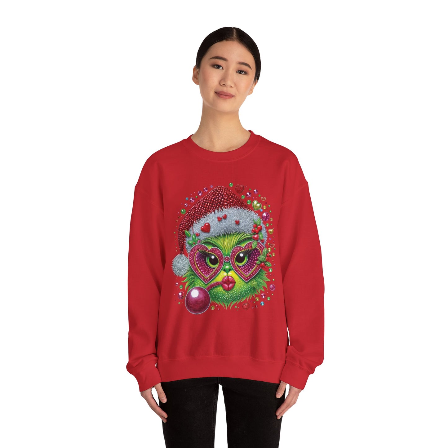 Christmas Grinch Cat Sweatshirt — Festive Santa Hat & Heart Sunglasses Holiday Crewneck