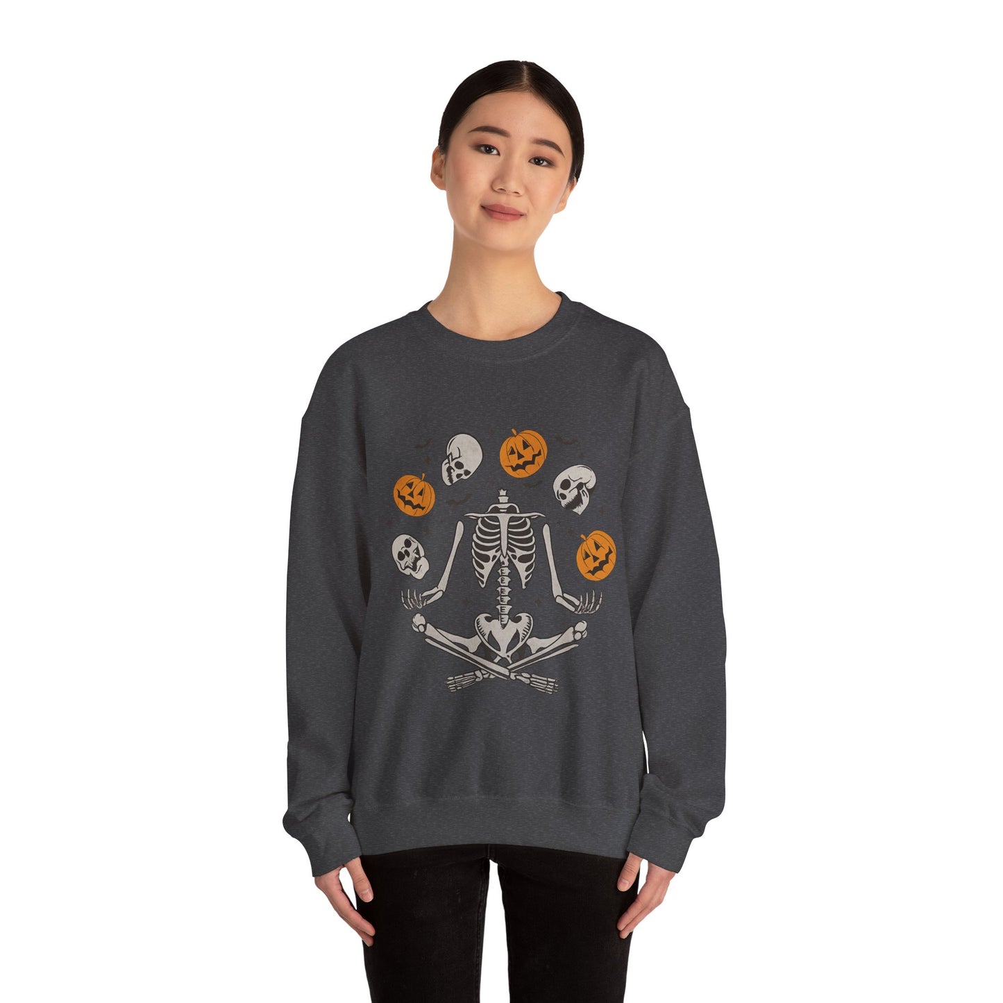 Halloween Skeleton Yoga Sweatshirt, Cute Autumn Apparel, Spooky Season Outfit, Unisex Cozy Crewneck, Gift for Halloween Lovers