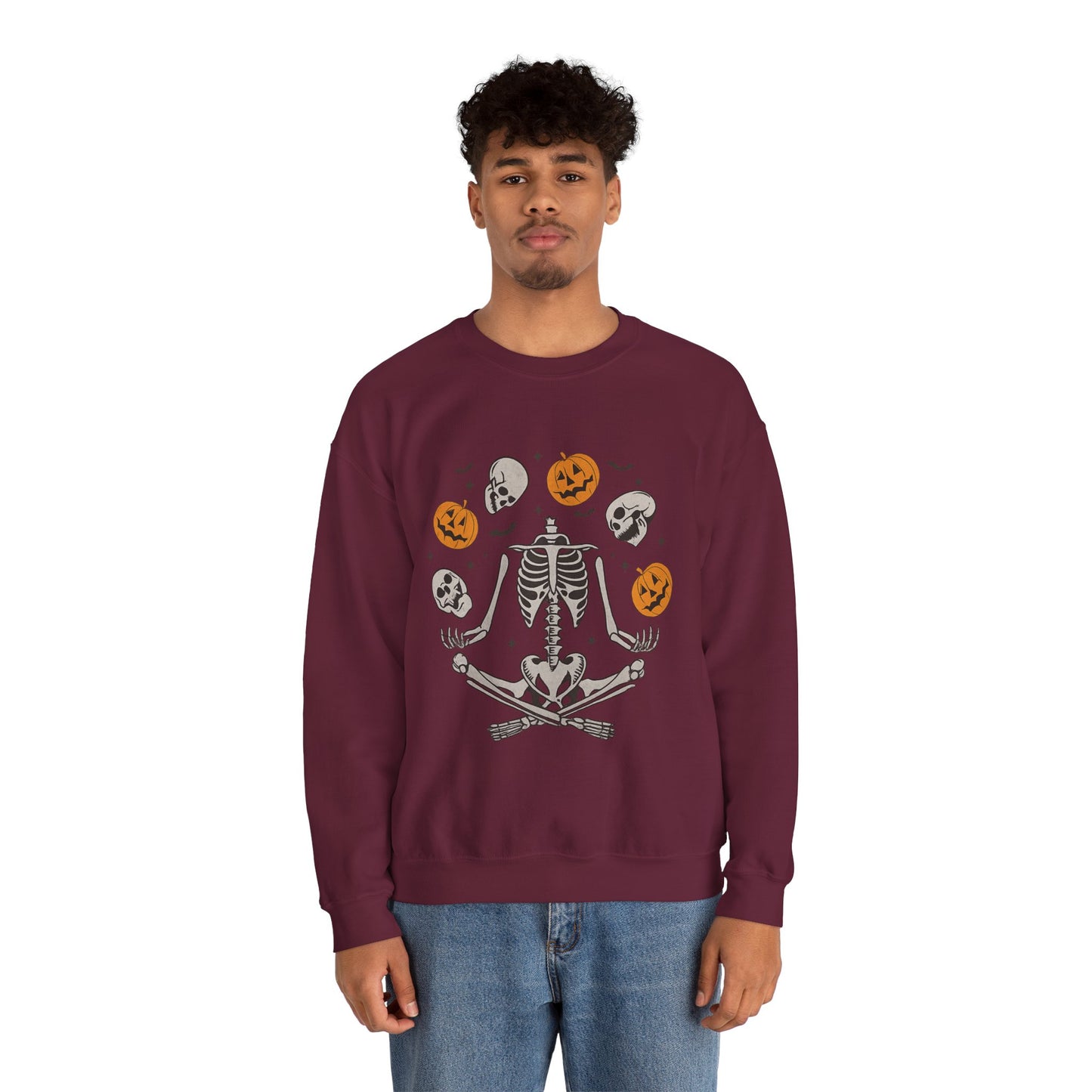 Halloween Skeleton Yoga Sweatshirt, Cute Autumn Apparel, Spooky Season Outfit, Unisex Cozy Crewneck, Gift for Halloween Lovers