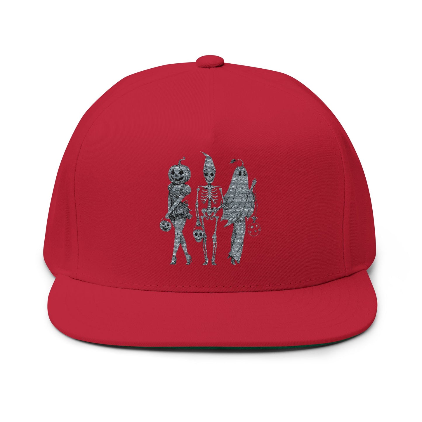 Spooky Halloween Flat Bill Cap, Embroidered Cap for Trick or Treat, Costume Cap, Unique Halloween Gift, Adjustable Snapback Hat