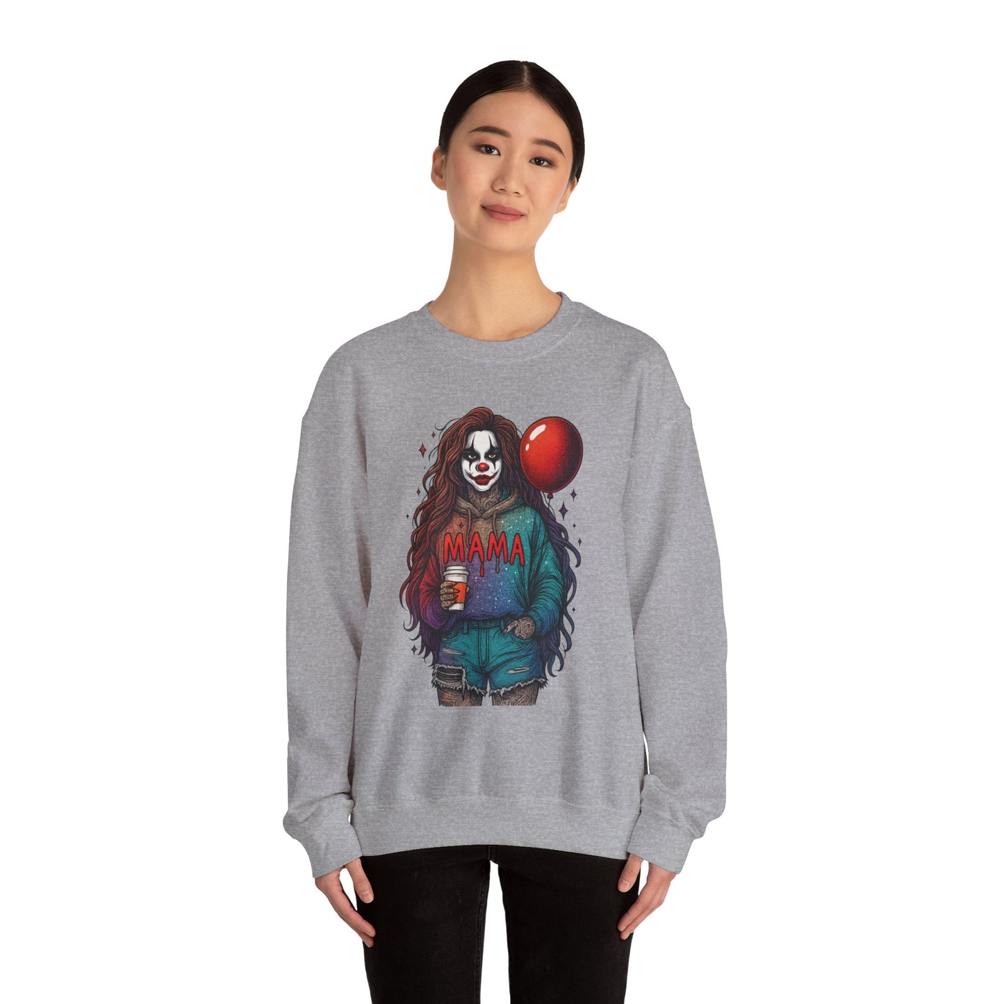Clown-themed Crewneck Sweatshirt for Moms, Cozy Gift for Mother's Day, Halloween Apparel, Trendy Casual Wear, Unique Graphic Top