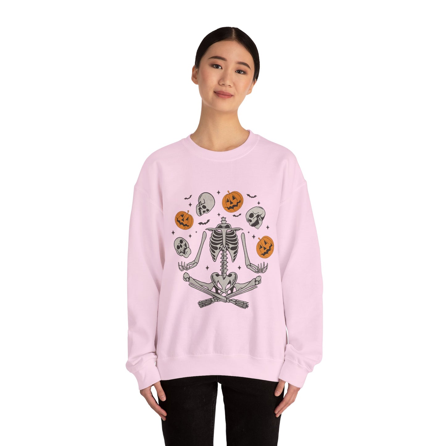 Halloween Skeleton Yoga Sweatshirt, Cute Autumn Apparel, Spooky Season Outfit, Unisex Cozy Crewneck, Gift for Halloween Lovers