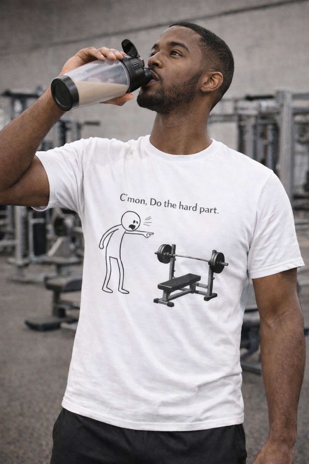 Funny Gym T-Shirt — “C’mon, Do the hard part.” Bench Press Cartoon Tee