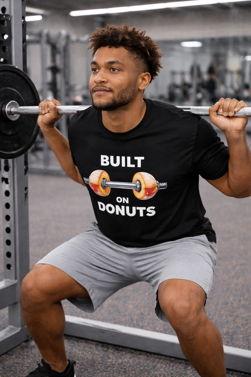 T-Shirt — "Built on Donuts" Funny Weightlifting Barbell Donut Graphic Tee