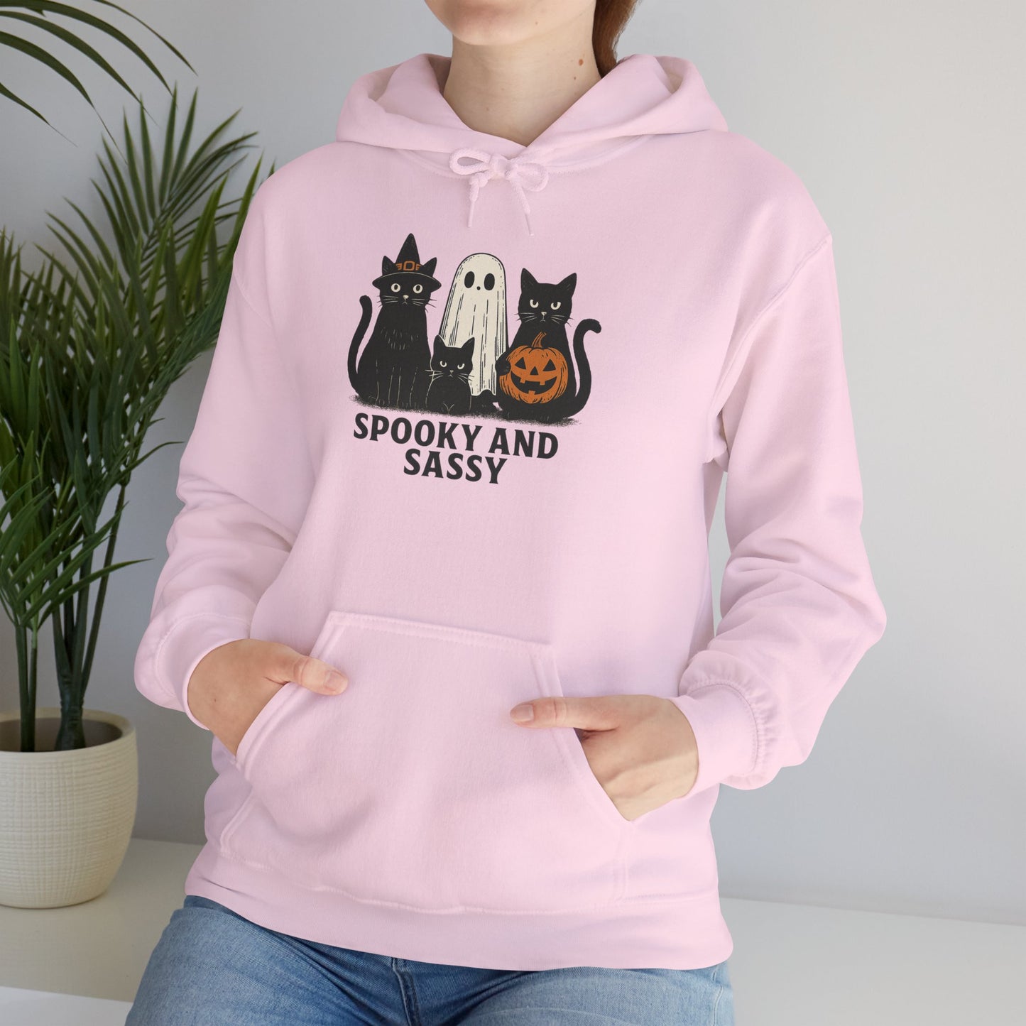 Spooky and Sassy Hoodie, Halloween Hoodie, Unisex Fall Apparel, Cozy Cat Ghost Wear, Perfect for Fall Festivities