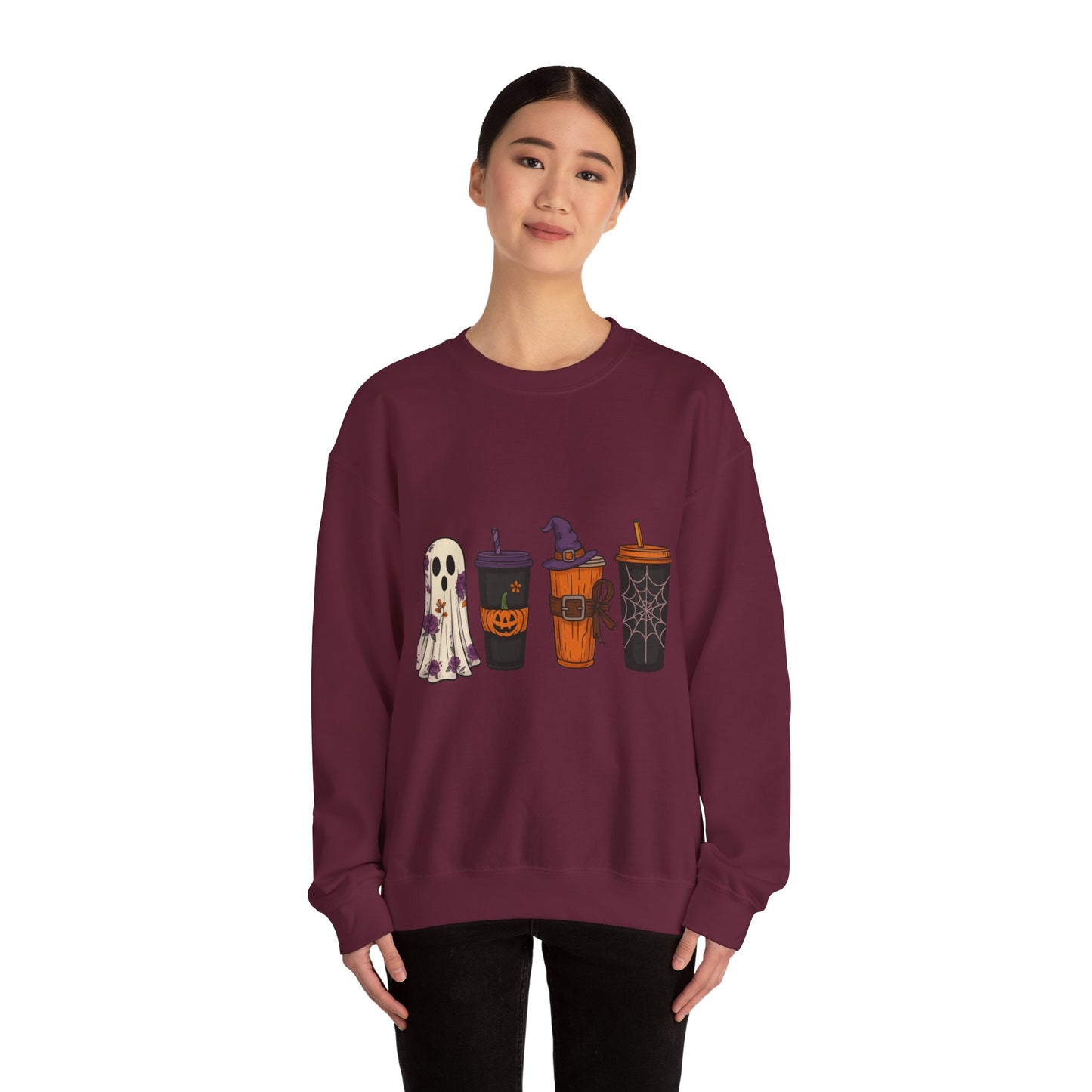 Halloween Ghost & Drink Crewneck Sweatshirt, Cozy Sweatshirt, Fall Fashion, Halloween Gift, Unisex Pullover, Spooky Season Apparel