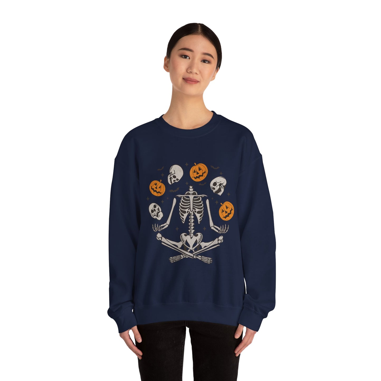 Halloween Skeleton Yoga Sweatshirt, Cute Autumn Apparel, Spooky Season Outfit, Unisex Cozy Crewneck, Gift for Halloween Lovers