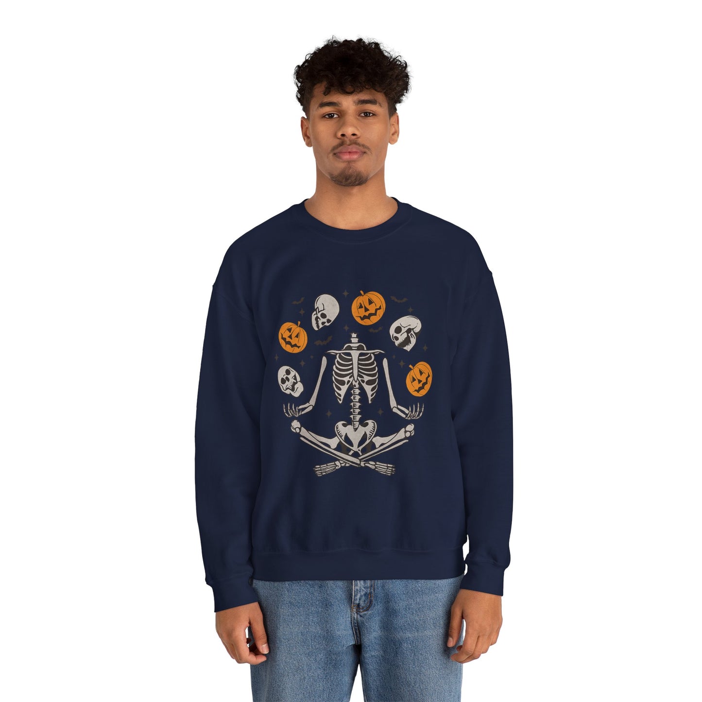 Halloween Skeleton Yoga Sweatshirt, Cute Autumn Apparel, Spooky Season Outfit, Unisex Cozy Crewneck, Gift for Halloween Lovers