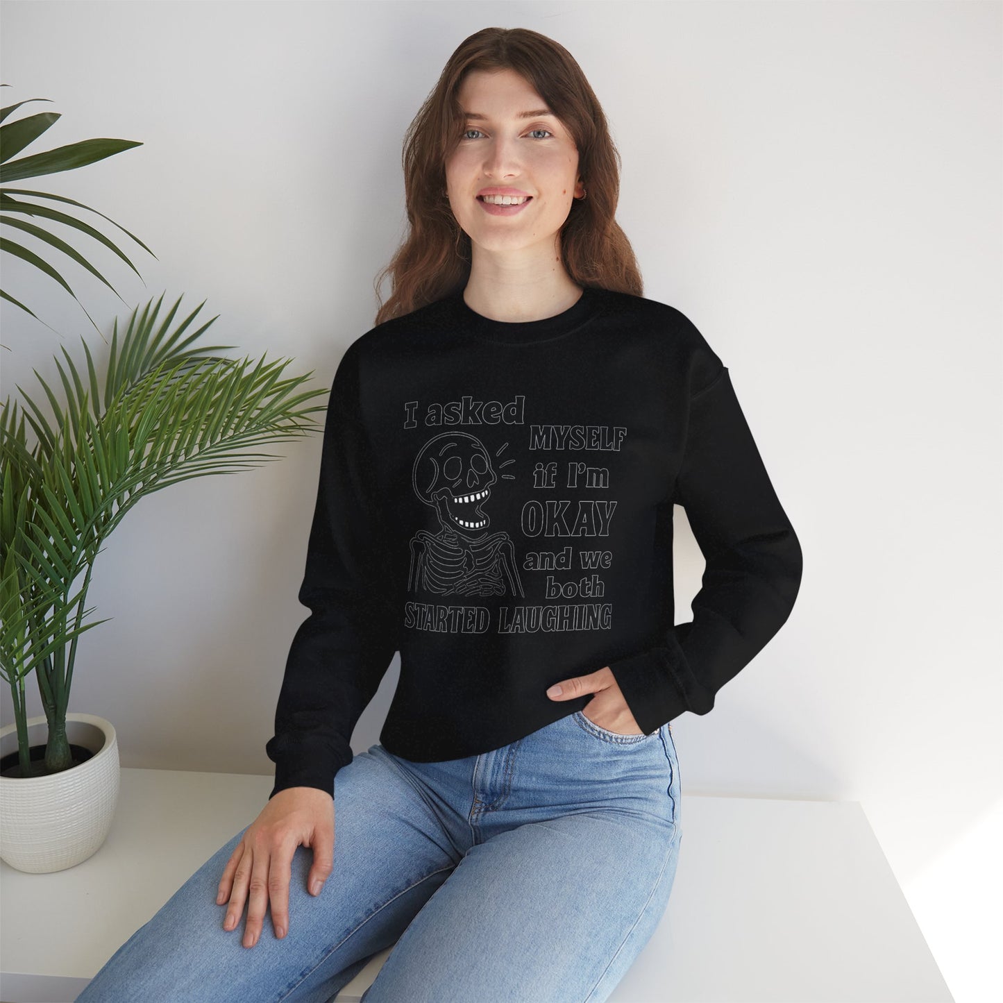 Funny Skeleton Sweatshirt, Unisex Crewneck for Comfort, Perfect for Halloween, Casual Wear, Gift for Friends, Cozy Laughs