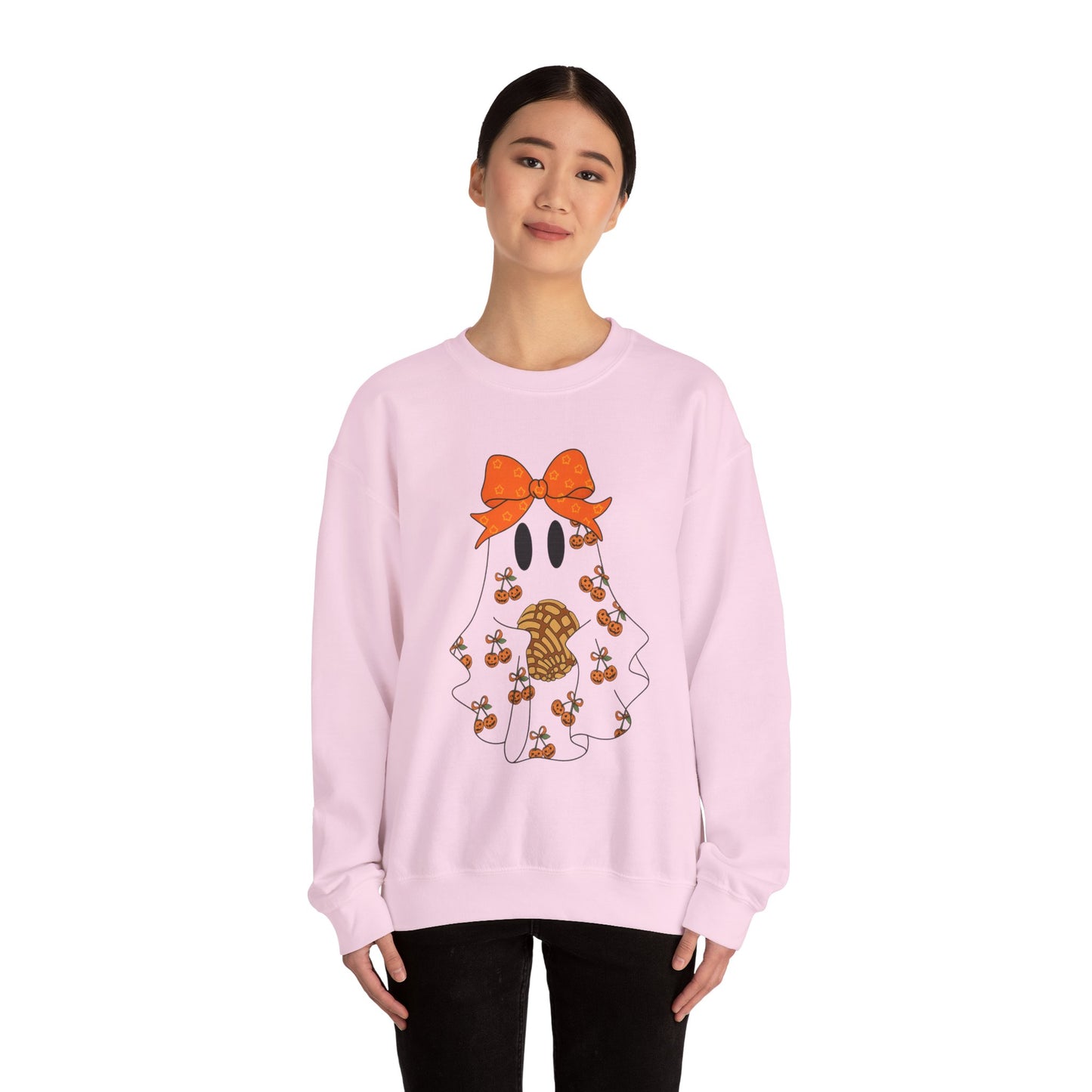 Cute Ghost with Bow Sweatshirt, Halloween Gift, Cozy Crewneck, Unisex Pullover, Fall Fashion, Seasonal Apparel