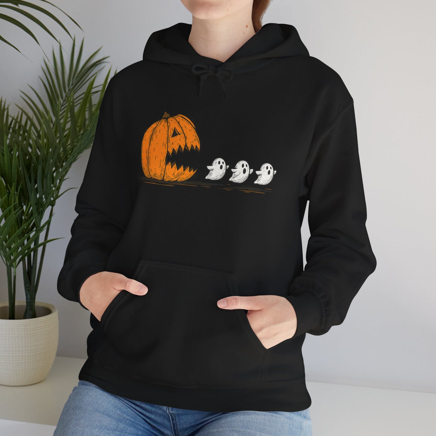 Spooky Ghosts & Pumpkin Hoodie - Unisex Heavy Blend Hoodie, Halloween Apparel, Cozy Fall Layer, Ghost Lovers Gift, Autumn Style