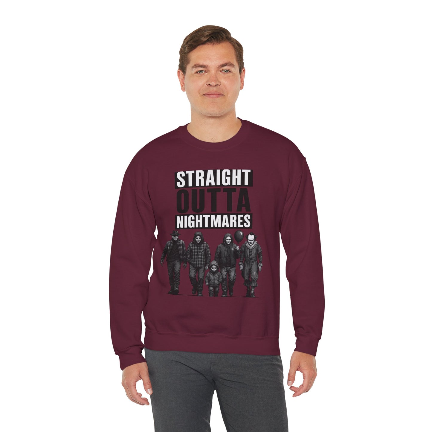 Straight Outta Nightmares Crewneck Sweatshirt | Unisex Pullover for Halloween, Cozy Gift for Horror Fans, Casual Layering