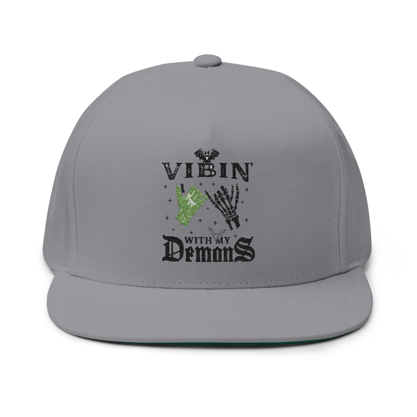 Vibin' with My Demons Flat Bill Cap, Cool Embroidered Hat, Gothic Aesthetic Accessory, Fashion Statement Hat, Great for Festivals, Gifts