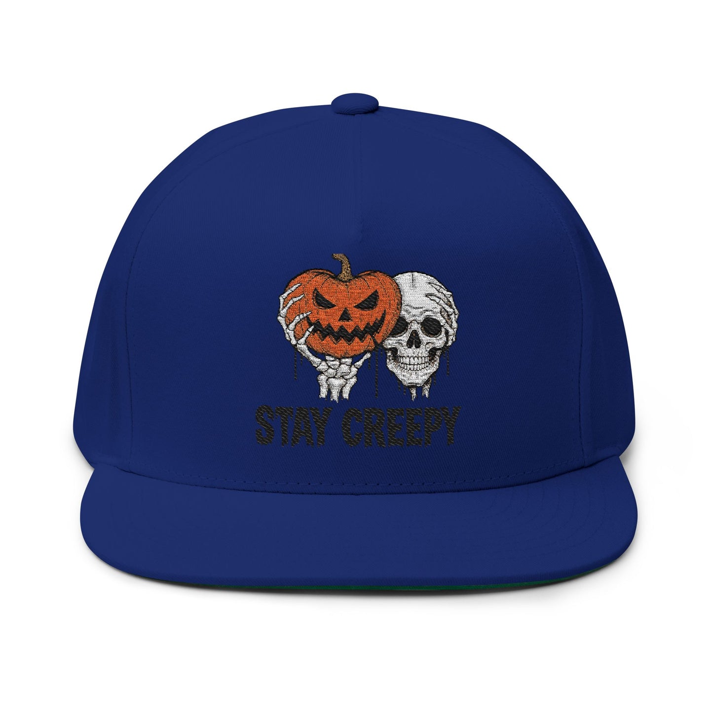 Stay Creepy Halloween Flat Bill Cap, Pumpkin Skull Hat, Embroidered Cap, Spooky Accessories, Trick or Treat Gear, Fall Fashion