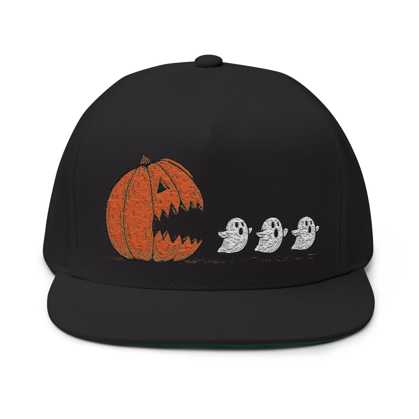 Halloween Pumpkin Ghost Flat Bill Cap, Spooky Hat, Embroidered Cap for Trick-or-Treat, Fun Costume Accessory, Fall Fashion, Gifting Ideas