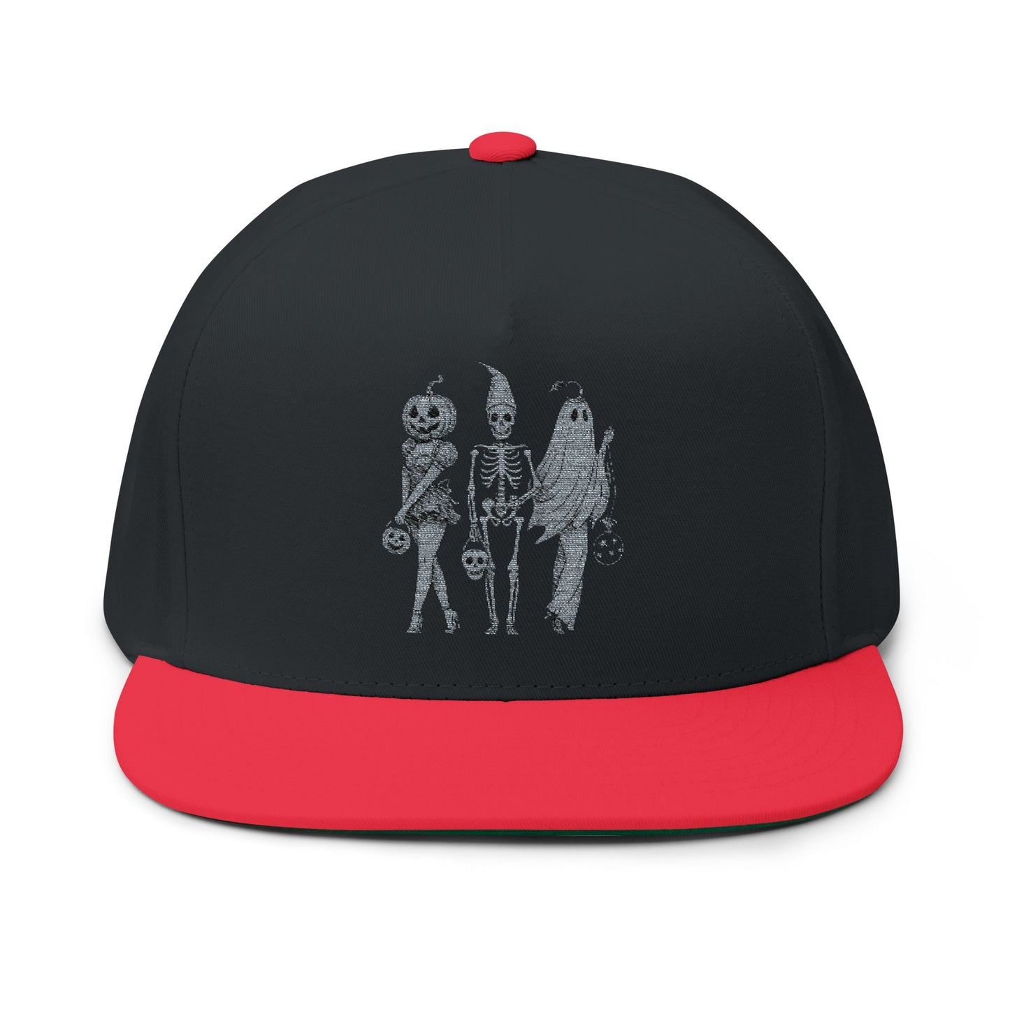 Spooky Halloween Flat Bill Cap, Embroidered Cap for Trick or Treat, Costume Cap, Unique Halloween Gift, Adjustable Snapback Hat