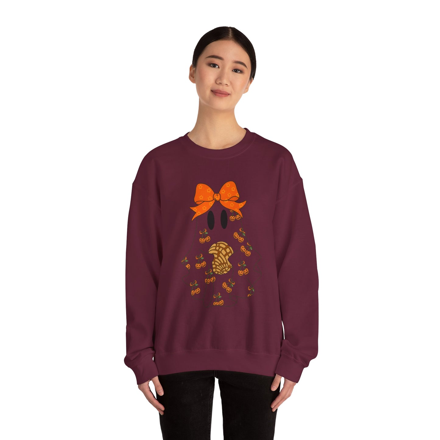 Cute Ghost with Bow Sweatshirt, Halloween Gift, Cozy Crewneck, Unisex Pullover, Fall Fashion, Seasonal Apparel