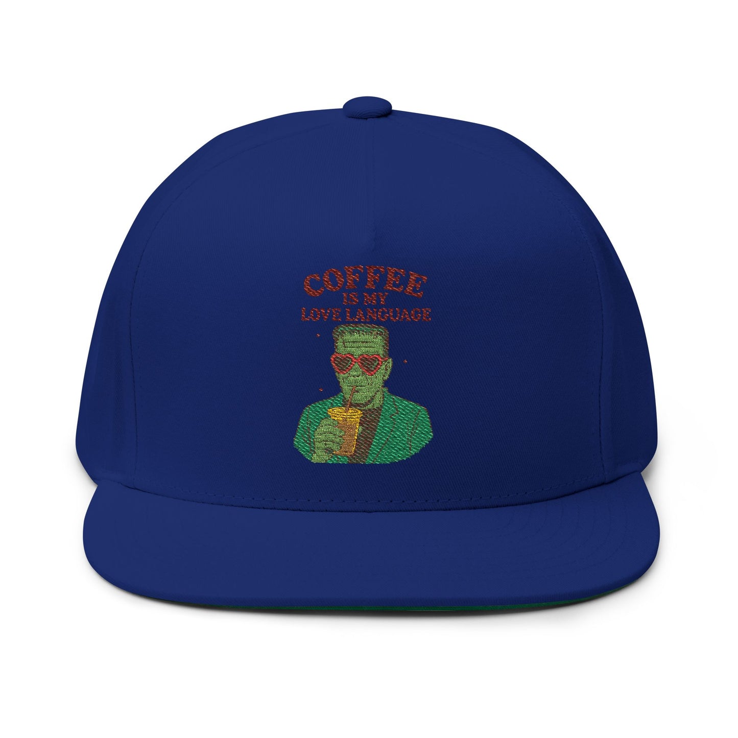 Coffee Love Language Embroidered Flat Bill Cap, Cool Hats, Gift for Coffee Lovers, Trendy Headwear, Unique Apparel