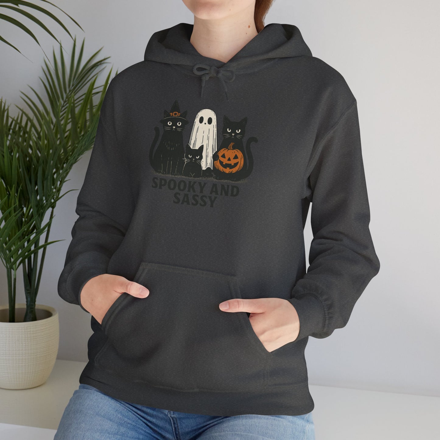 Spooky and Sassy Hoodie, Halloween Hoodie, Unisex Fall Apparel, Cozy Cat Ghost Wear, Perfect for Fall Festivities