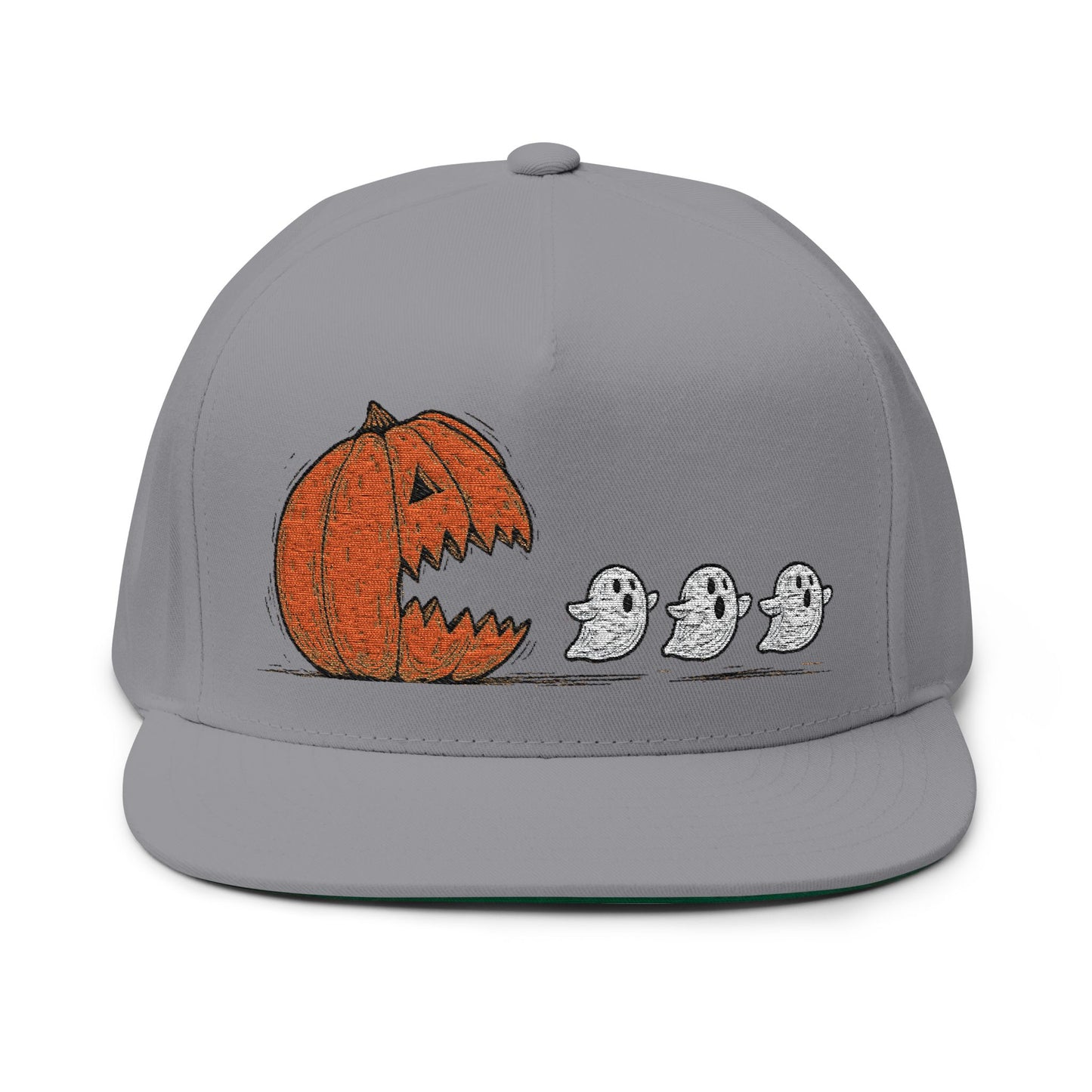 Halloween Pumpkin Ghost Flat Bill Cap, Spooky Hat, Embroidered Cap for Trick-or-Treat, Fun Costume Accessory, Fall Fashion, Gifting Ideas