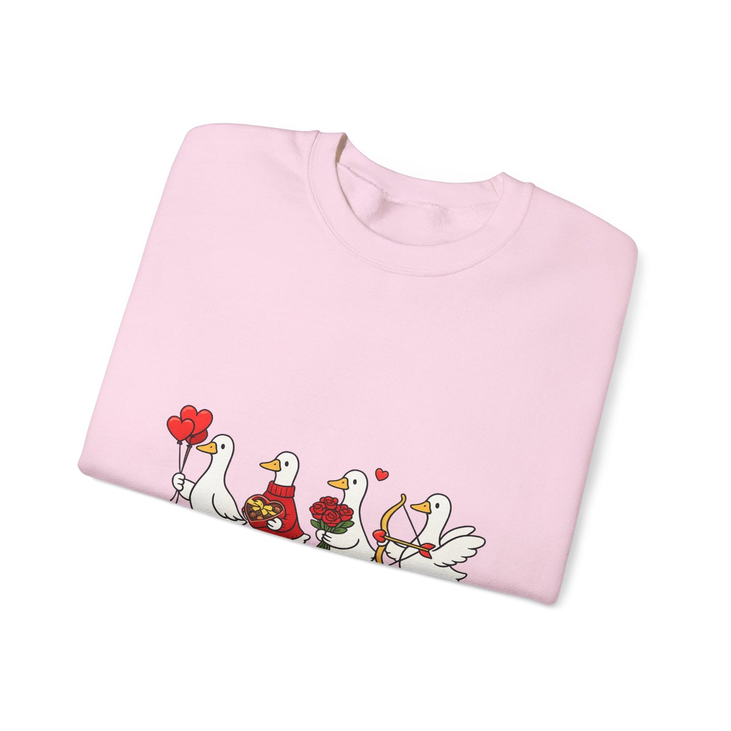 Geese Parade Crewneck Sweatshirt – Cute Valentine Ducks Holding Hearts Graphic