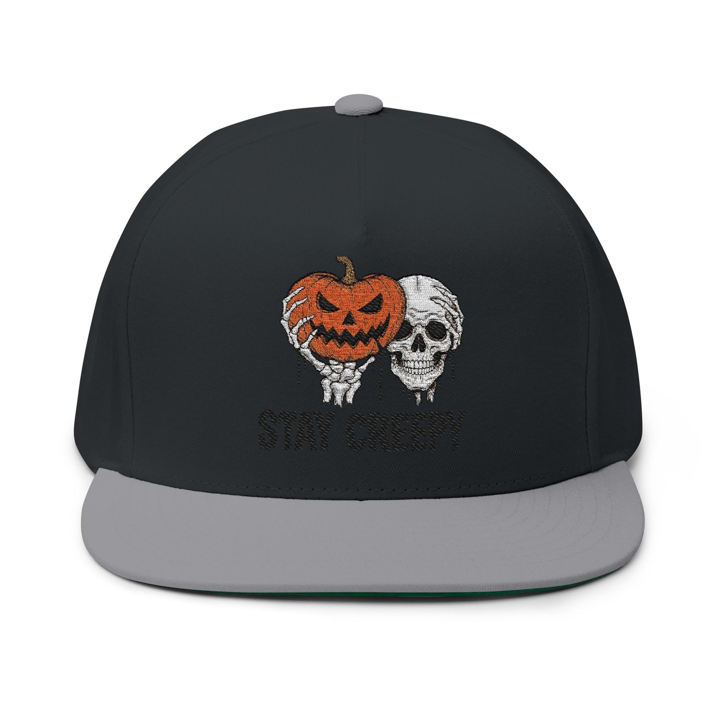 Stay Creepy Halloween Flat Bill Cap, Pumpkin Skull Hat, Embroidered Cap, Spooky Accessories, Trick or Treat Gear, Fall Fashion