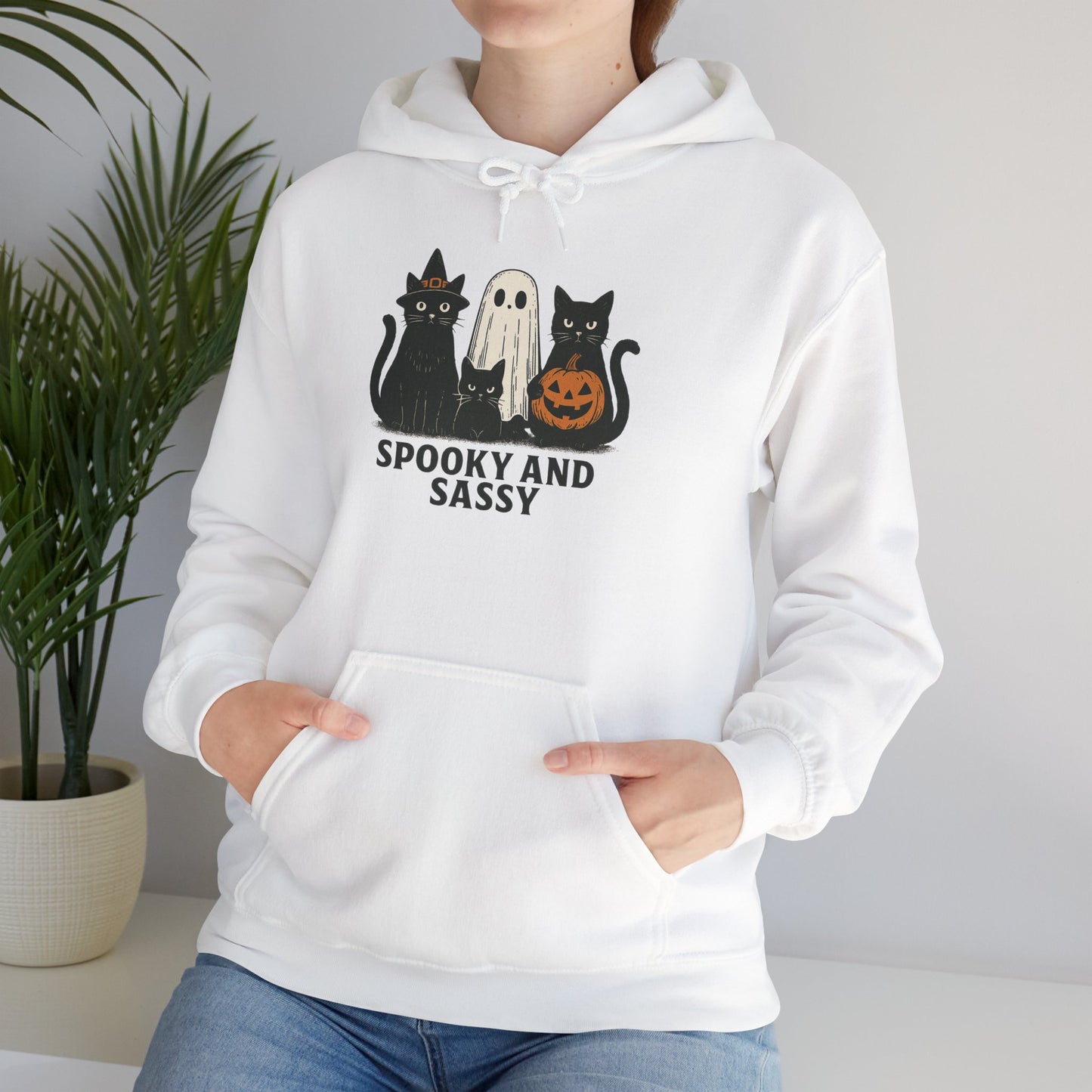 Spooky and Sassy Hoodie, Halloween Hoodie, Unisex Fall Apparel, Cozy Cat Ghost Wear, Perfect for Fall Festivities