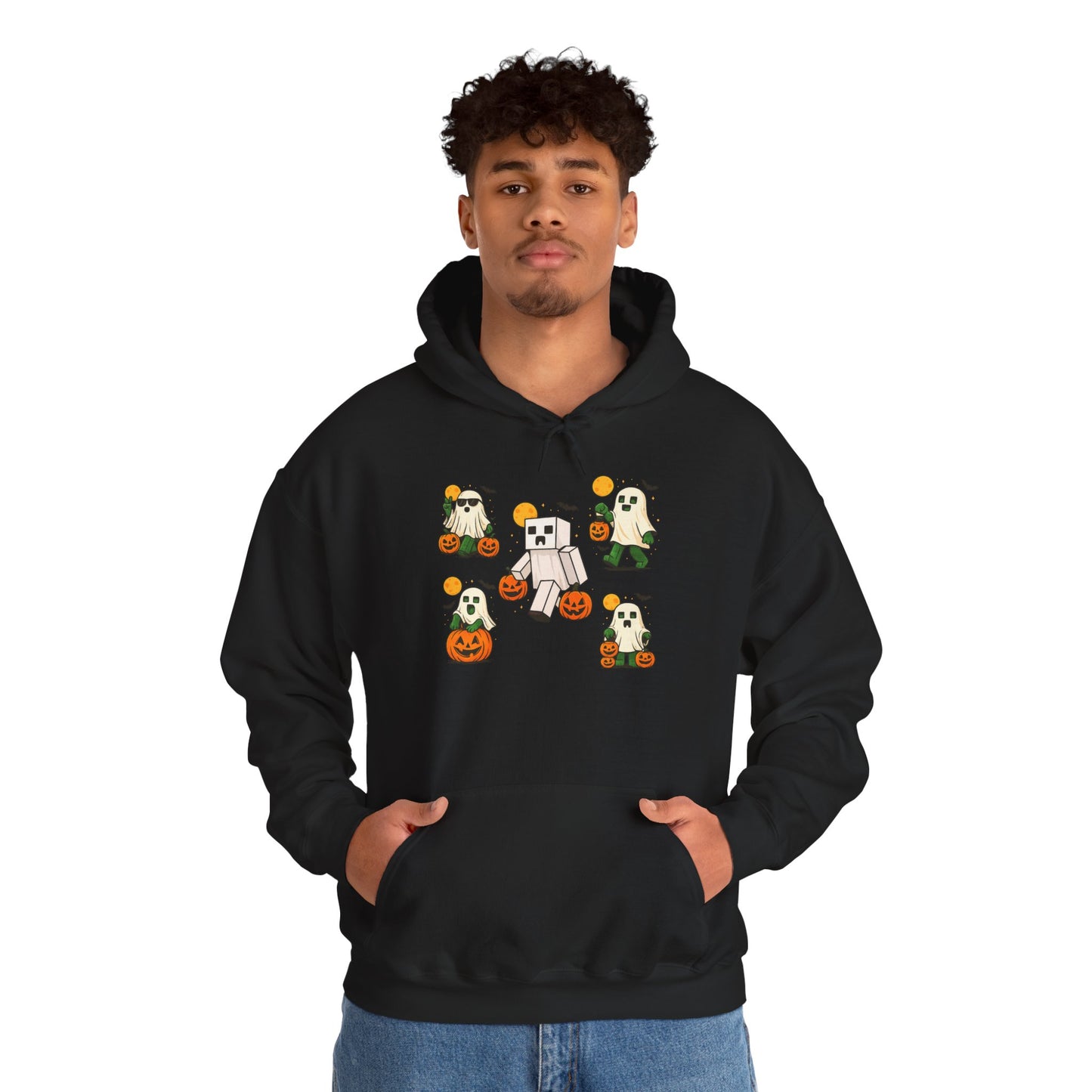 Halloween Themed Unisex Hoodie, Cozy Fall Hoodie, Pumpkin Ghost Design, Autumn Apparel, Perfect for Trick-or-Treating