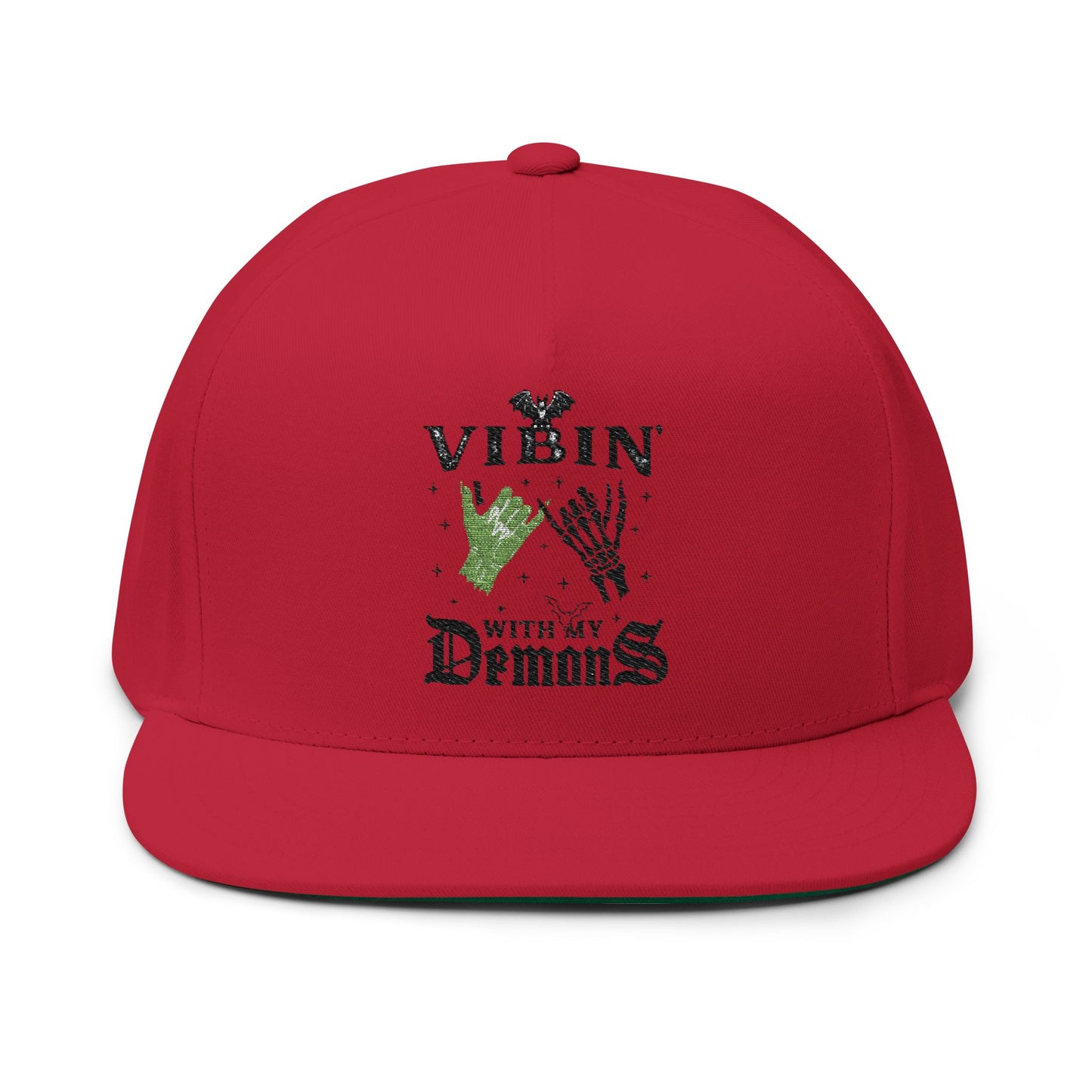 Vibin' with My Demons Flat Bill Cap, Cool Embroidered Hat, Gothic Aesthetic Accessory, Fashion Statement Hat, Great for Festivals, Gifts