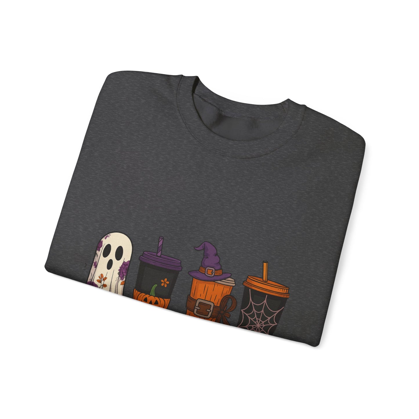 Halloween Ghost & Drink Crewneck Sweatshirt, Cozy Sweatshirt, Fall Fashion, Halloween Gift, Unisex Pullover, Spooky Season Apparel
