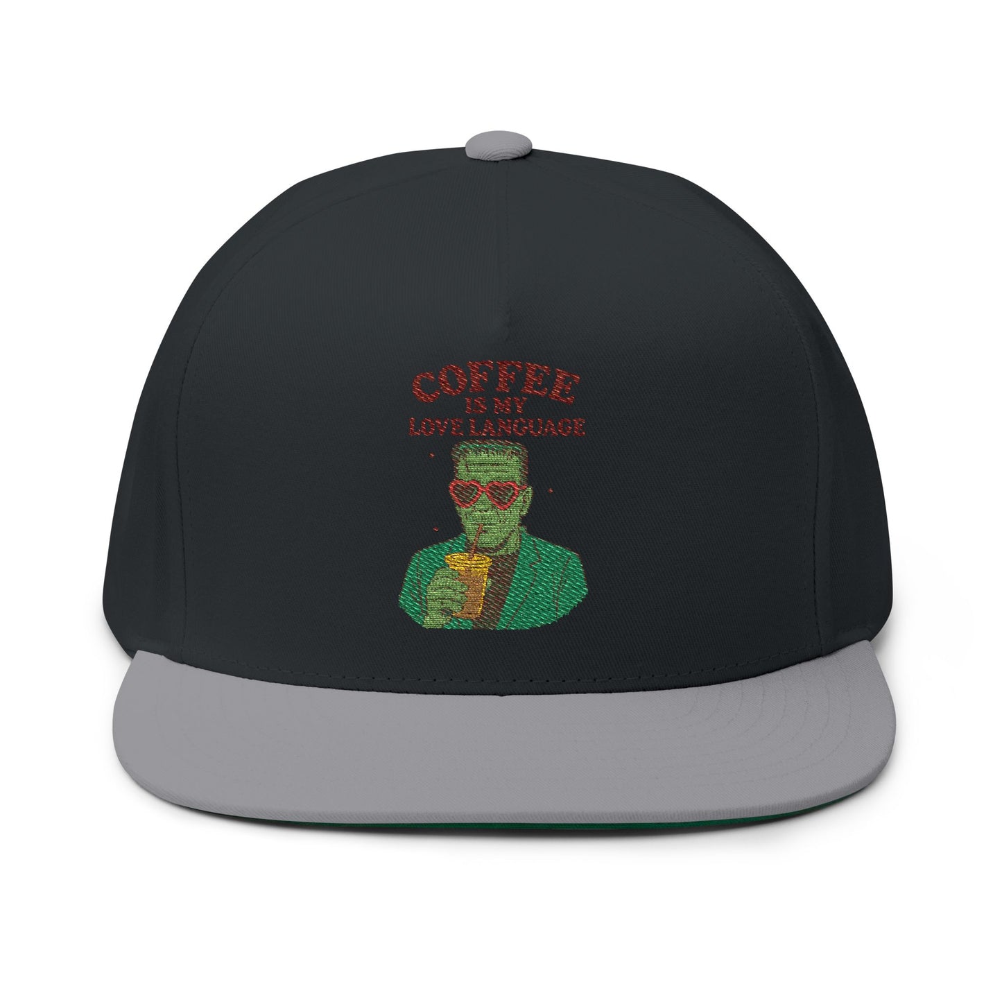 Coffee Love Language Embroidered Flat Bill Cap, Cool Hats, Gift for Coffee Lovers, Trendy Headwear, Unique Apparel