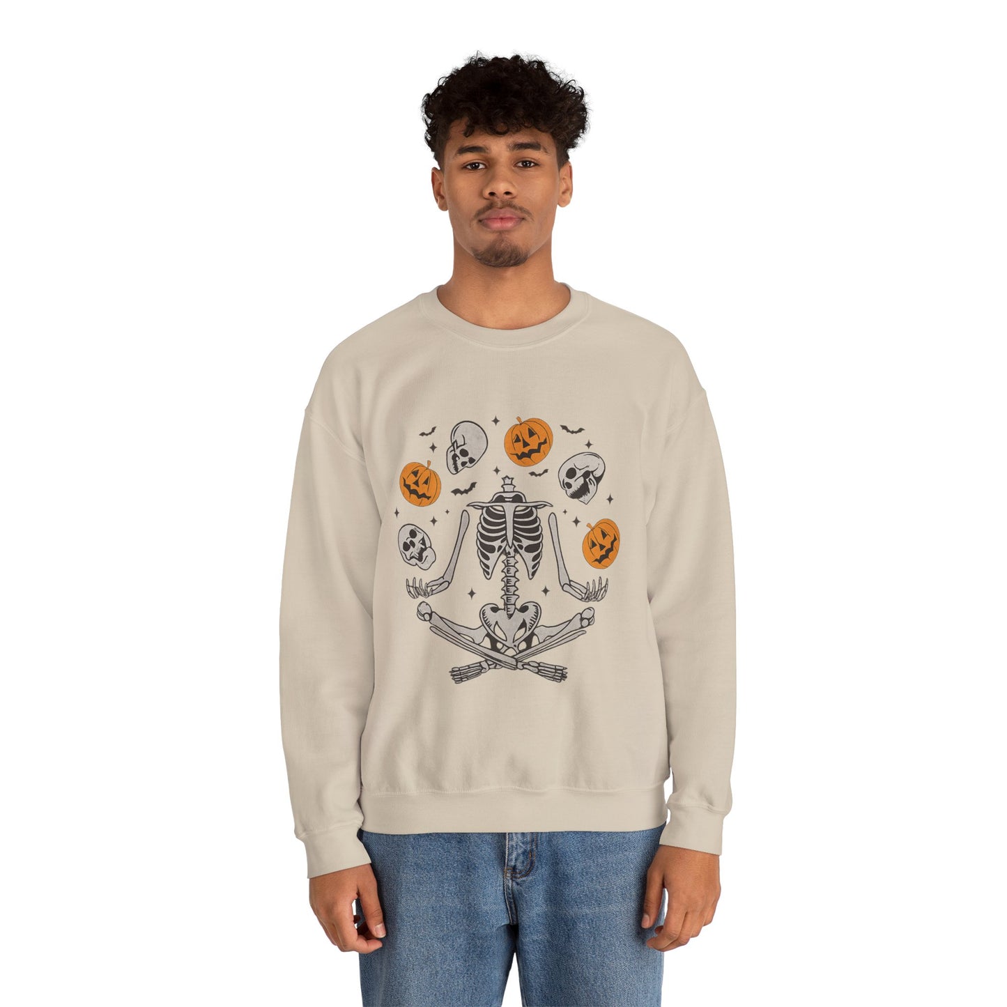 Halloween Skeleton Yoga Sweatshirt, Cute Autumn Apparel, Spooky Season Outfit, Unisex Cozy Crewneck, Gift for Halloween Lovers