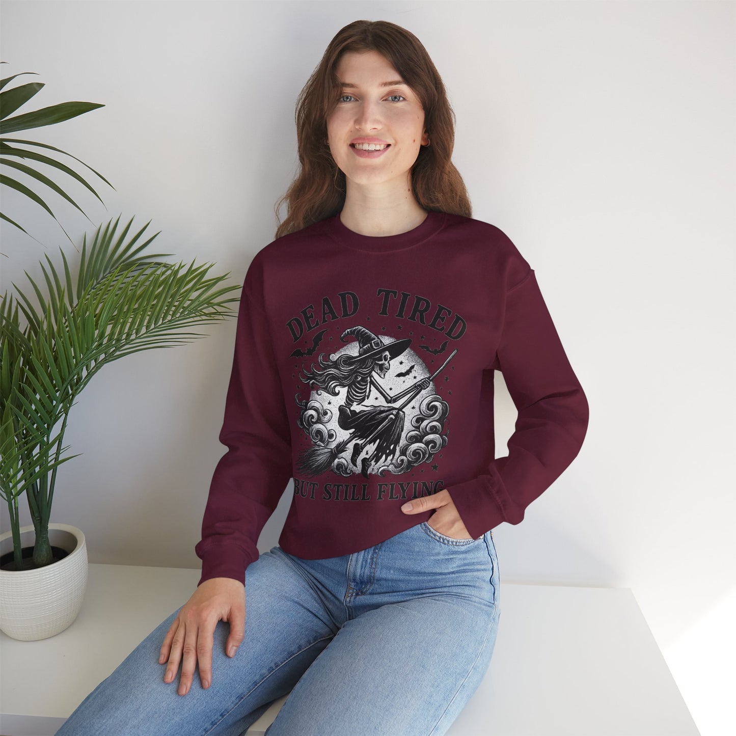 Dead Tired But Still Flying Sweatshirt | Unisex Crewneck | Cozy Halloween Apparel, Witchy Gift, Fall Fashion, Spooky Season