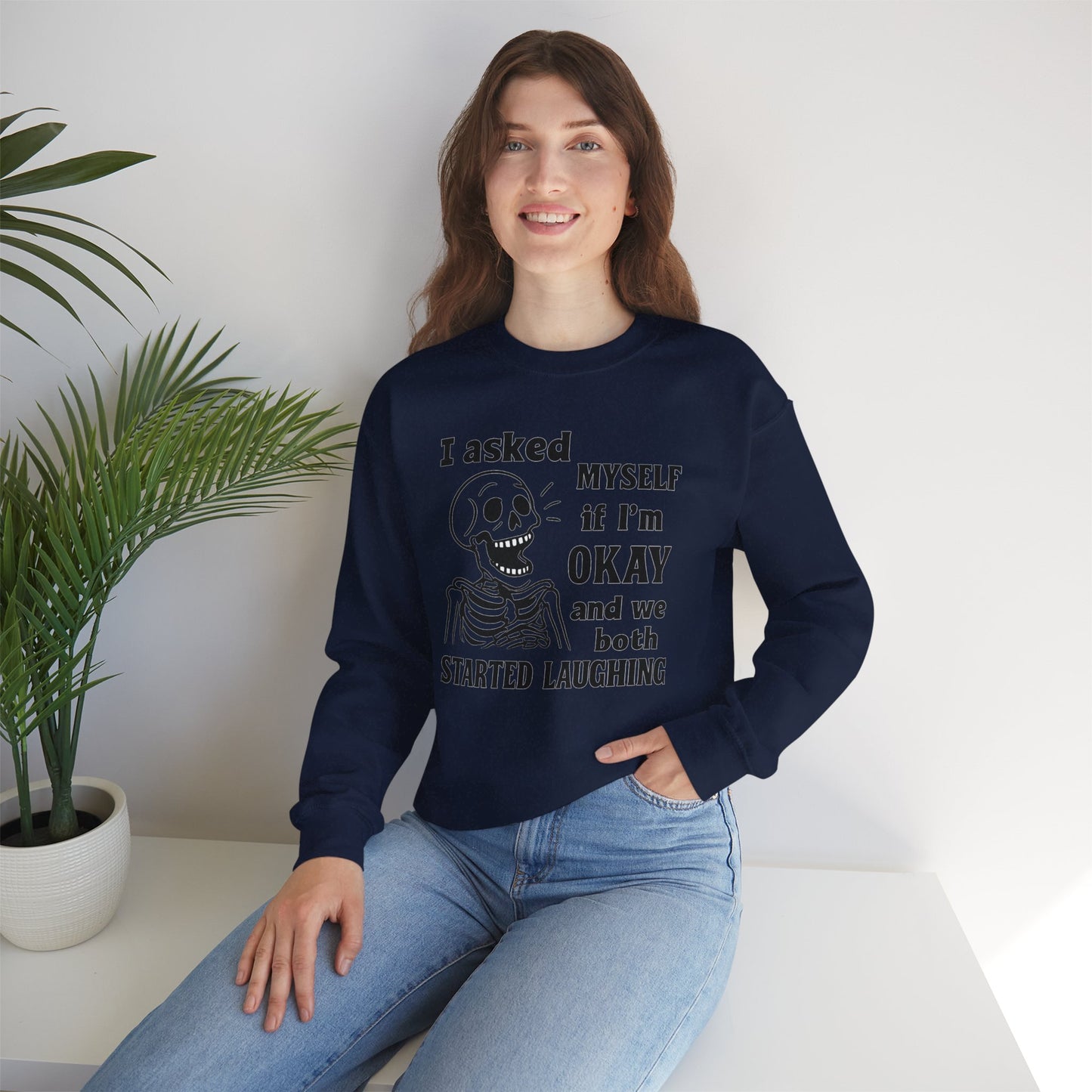 Funny Skeleton Sweatshirt, Unisex Crewneck for Comfort, Perfect for Halloween, Casual Wear, Gift for Friends, Cozy Laughs