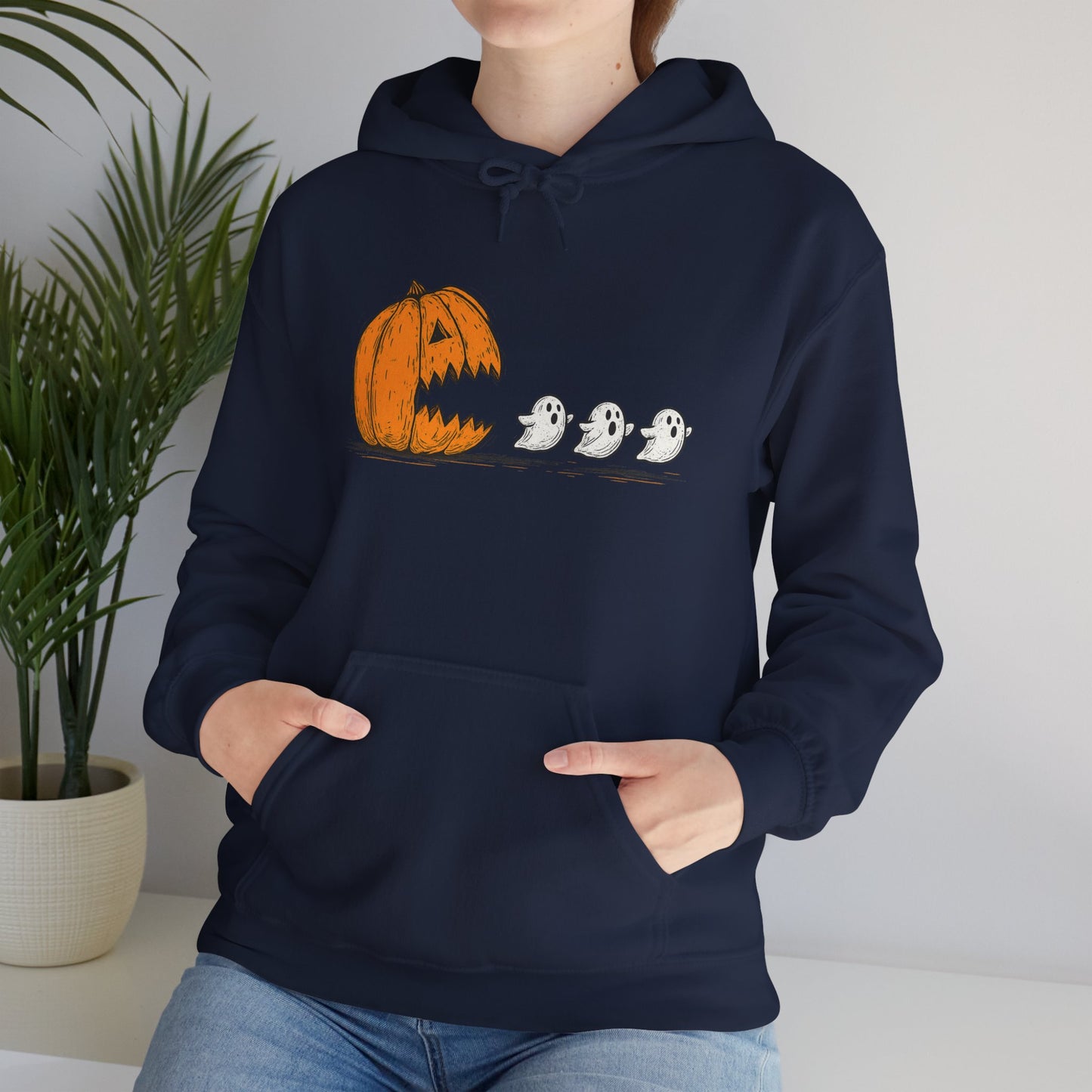 Spooky Ghosts & Pumpkin Hoodie - Unisex Heavy Blend Hoodie, Halloween Apparel, Cozy Fall Layer, Ghost Lovers Gift, Autumn Style