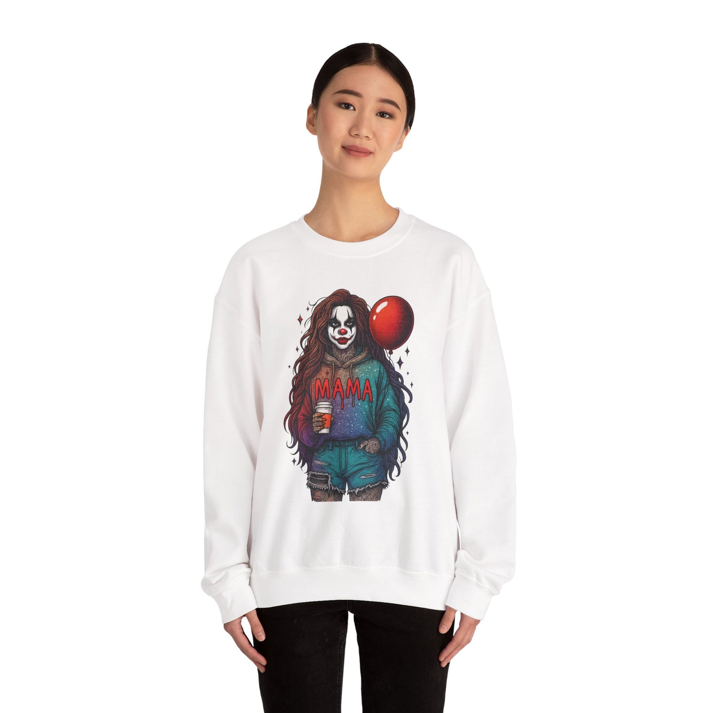 Clown-themed Crewneck Sweatshirt for Moms, Cozy Gift for Mother's Day, Halloween Apparel, Trendy Casual Wear, Unique Graphic Top