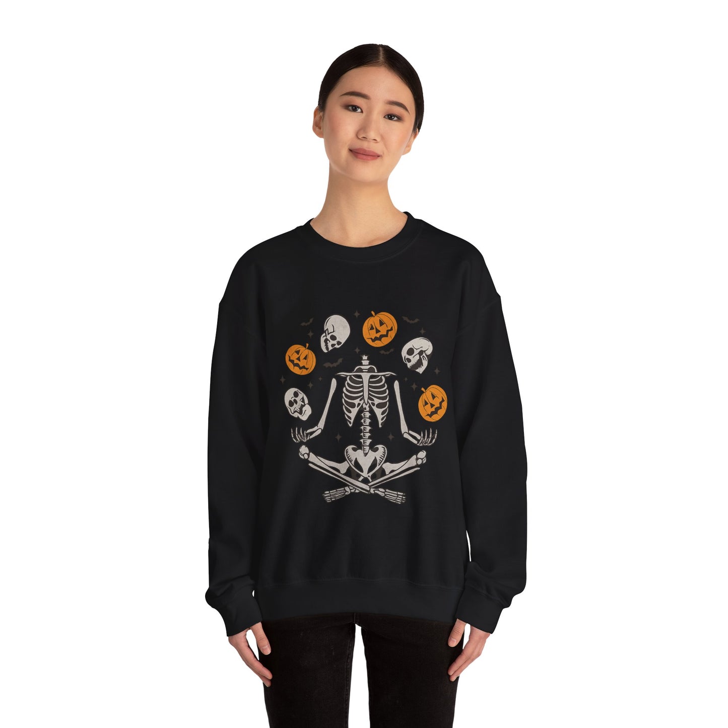 Halloween Skeleton Yoga Sweatshirt, Cute Autumn Apparel, Spooky Season Outfit, Unisex Cozy Crewneck, Gift for Halloween Lovers