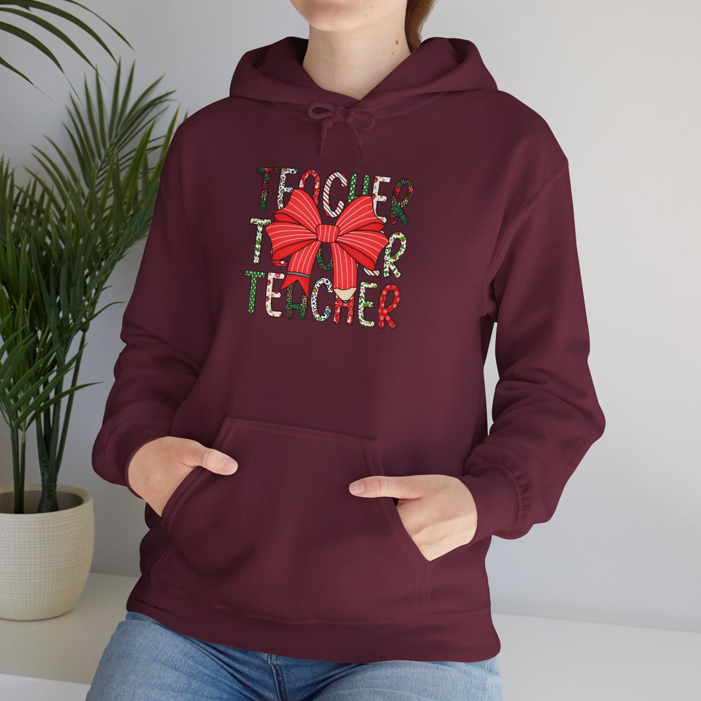 Festive Teacher Hooded Hoodie, Holiday Gift for Educators, Christmas Hoodie, Cozy Outfit, Teacher Appreciation