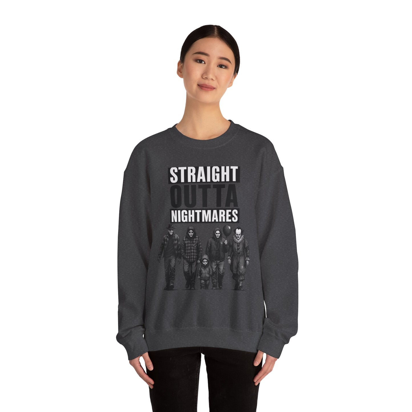 Straight Outta Nightmares Crewneck Sweatshirt | Unisex Pullover for Halloween, Cozy Gift for Horror Fans, Casual Layering