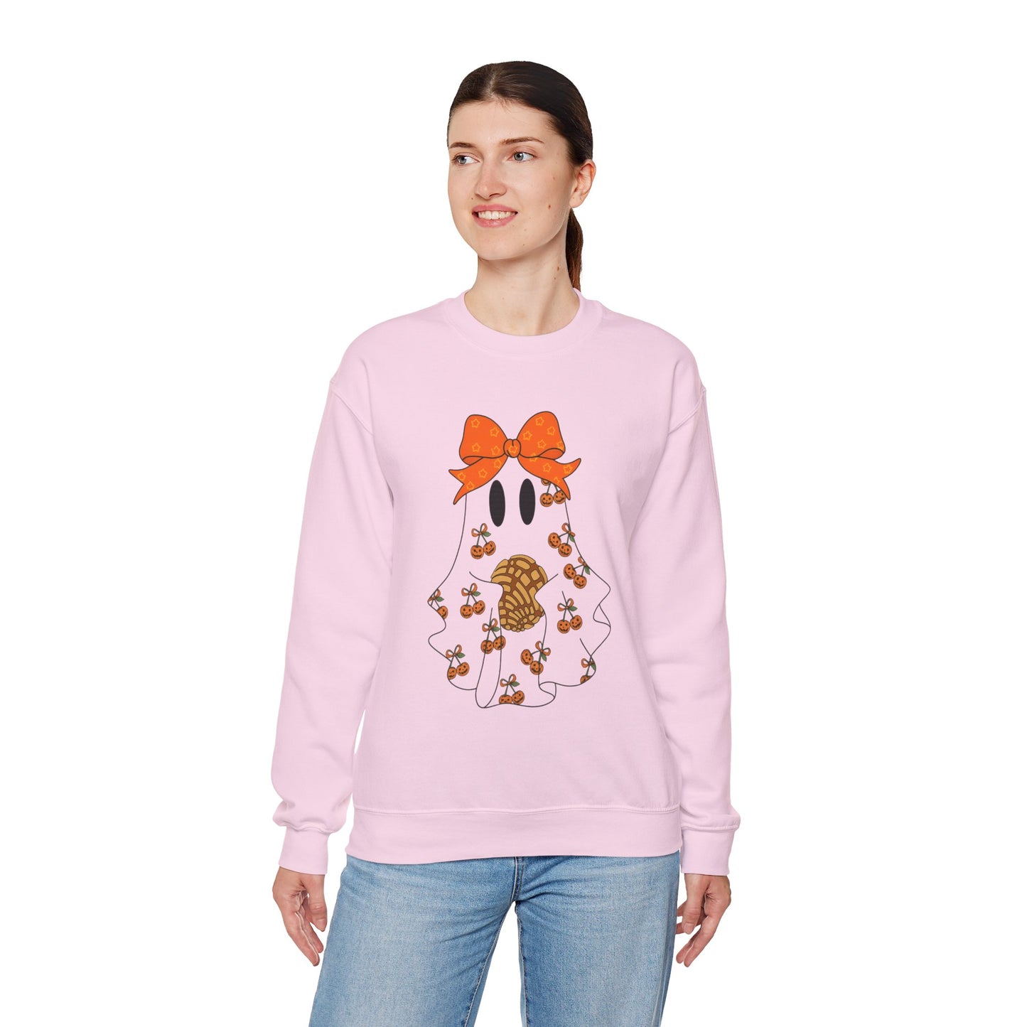 Cute Ghost with Bow Sweatshirt, Halloween Gift, Cozy Crewneck, Unisex Pullover, Fall Fashion, Seasonal Apparel