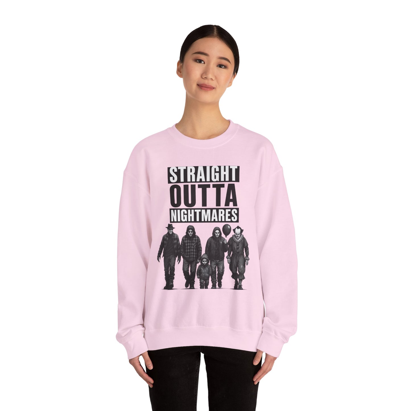 Straight Outta Nightmares Crewneck Sweatshirt | Unisex Pullover for Halloween, Cozy Gift for Horror Fans, Casual Layering