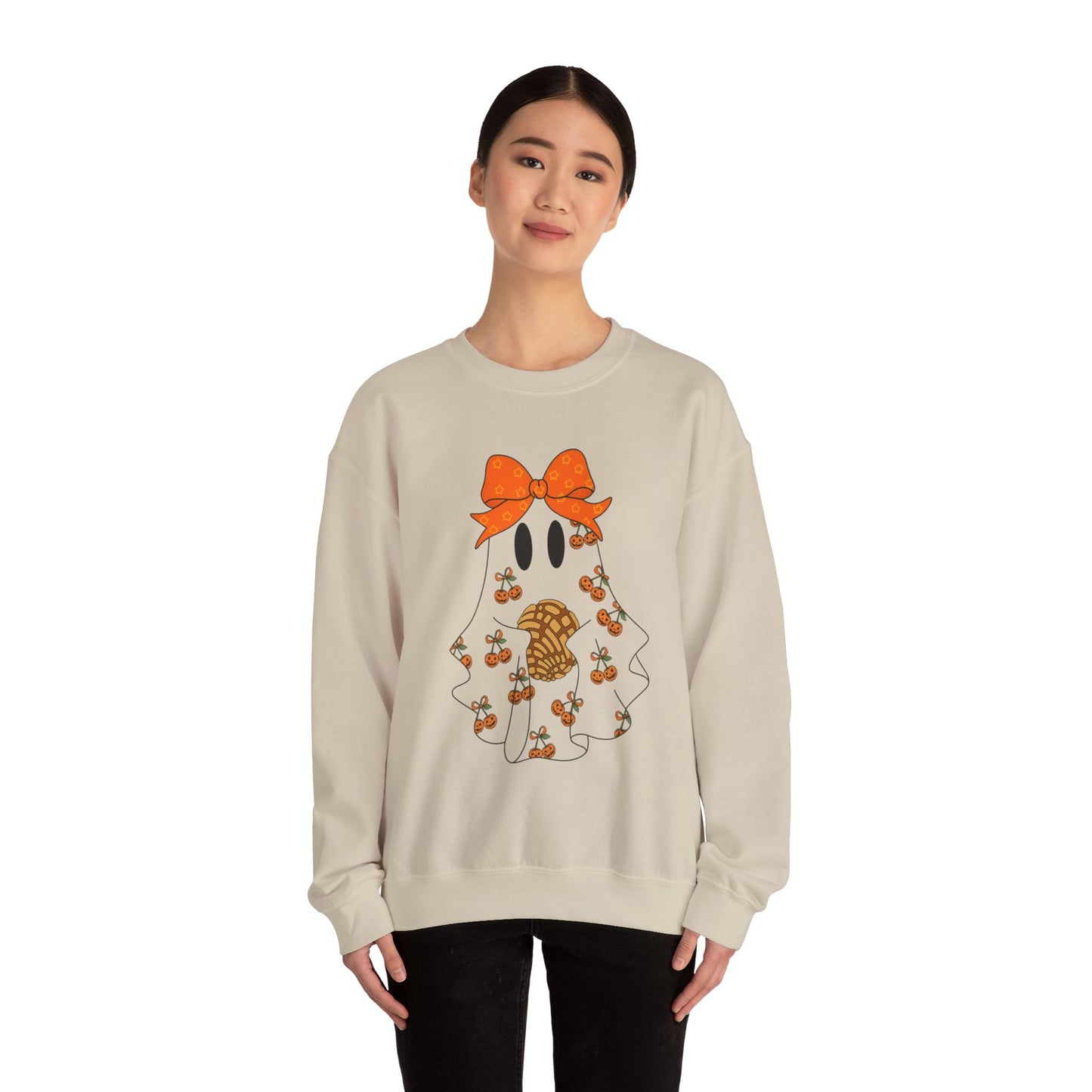 Cute Ghost with Bow Sweatshirt, Halloween Gift, Cozy Crewneck, Unisex Pullover, Fall Fashion, Seasonal Apparel