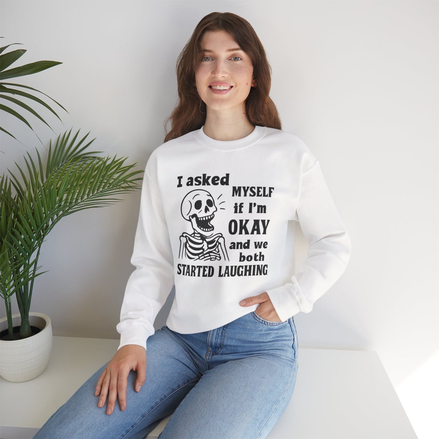 Funny Skeleton Sweatshirt, Unisex Crewneck for Comfort, Perfect for Halloween, Casual Wear, Gift for Friends, Cozy Laughs