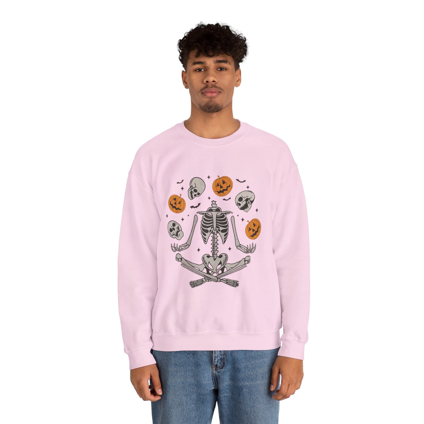 Halloween Skeleton Yoga Sweatshirt, Cute Autumn Apparel, Spooky Season Outfit, Unisex Cozy Crewneck, Gift for Halloween Lovers