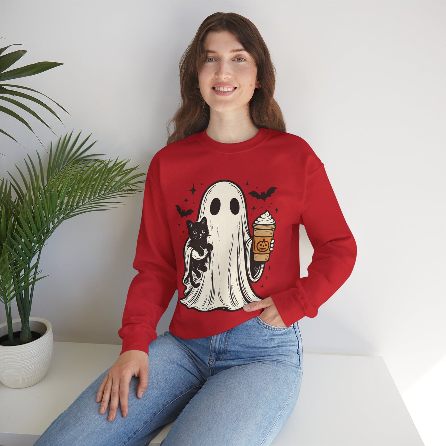 Ghostly Cuddle Sweatshirt - Cozy Unisex Crewneck, Halloween Apparel, Fall Fashion, Spooky Season, Cat Lover Gift