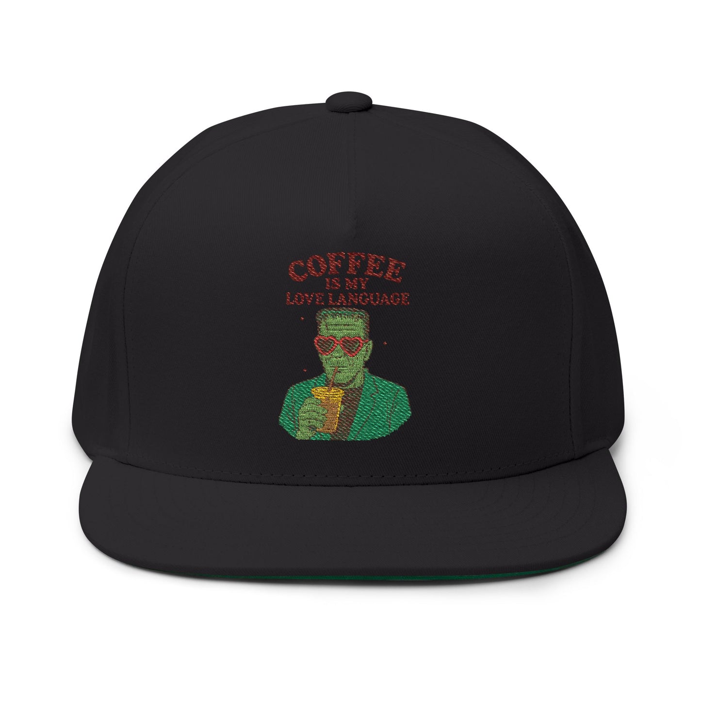 Coffee Love Language Embroidered Flat Bill Cap, Cool Hats, Gift for Coffee Lovers, Trendy Headwear, Unique Apparel