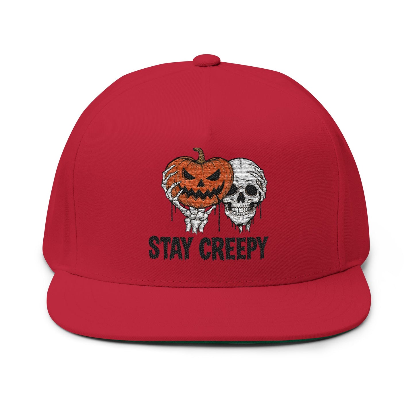 Stay Creepy Halloween Flat Bill Cap, Pumpkin Skull Hat, Embroidered Cap, Spooky Accessories, Trick or Treat Gear, Fall Fashion